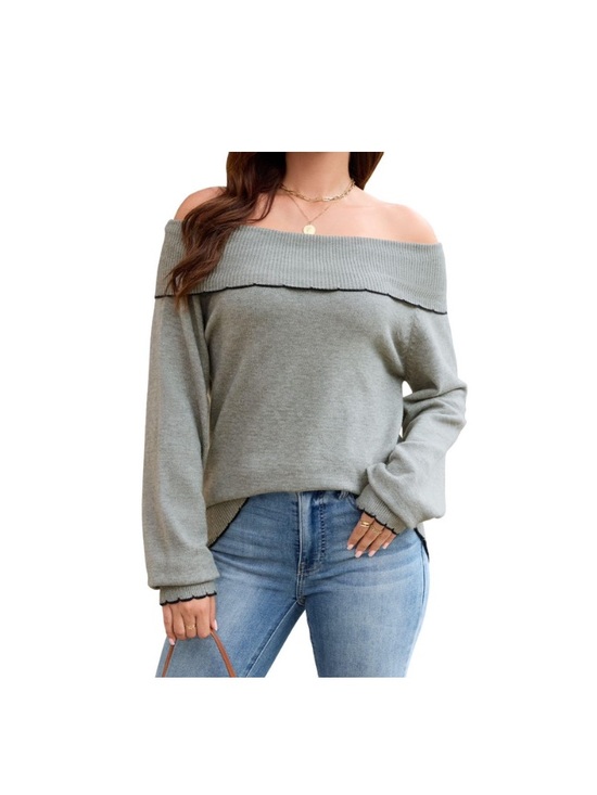 Quatrefox Tops - Off-Shoulder Grey Women's Sweater
